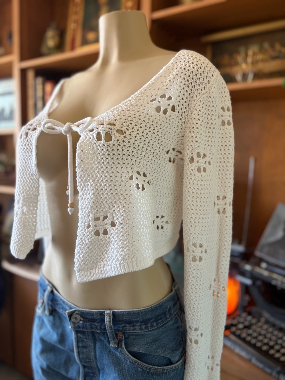Open Crochet White Tie-Front Hippie Beachy Cardigan Boho Sweater Top Size M - Picture 1 of 16